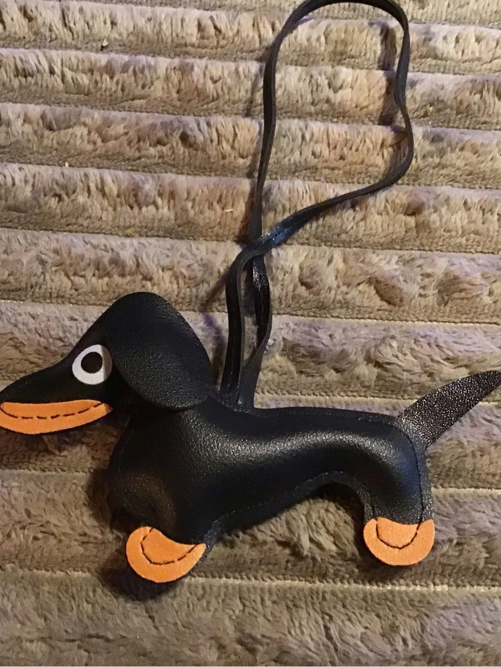 Black Dachshund leather bag charm with Orange Accents